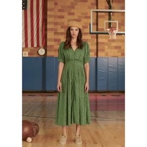 THE GREAT. | The Alder Textured Jacquard Midi Dress in Bottle Green Size 0 (XS)